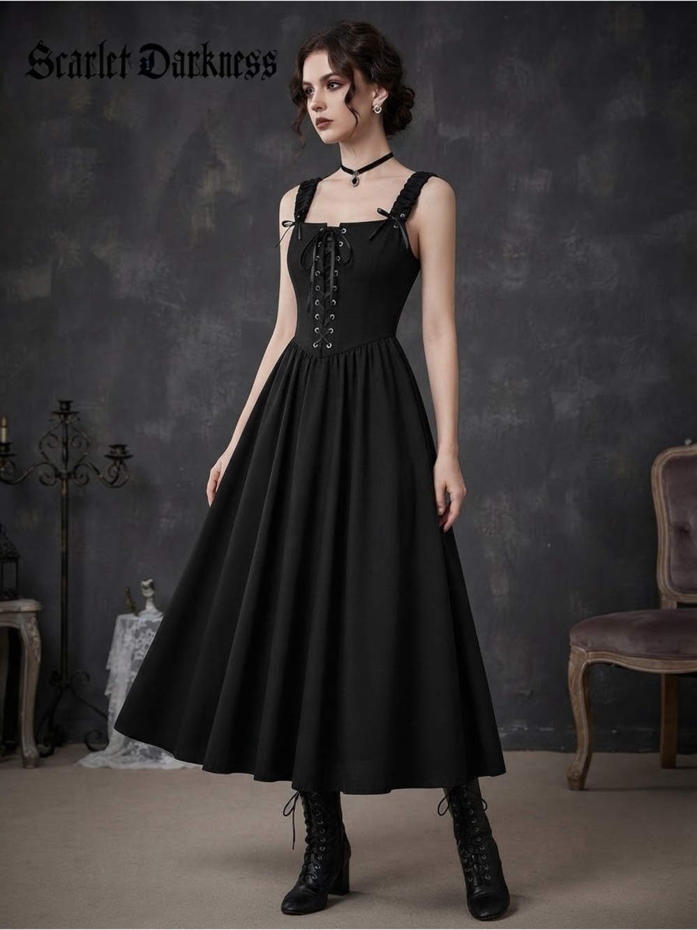 Scarlet Darkness Black Gothic Corset Midi Dress Boho Witchy Alt Festival Size M